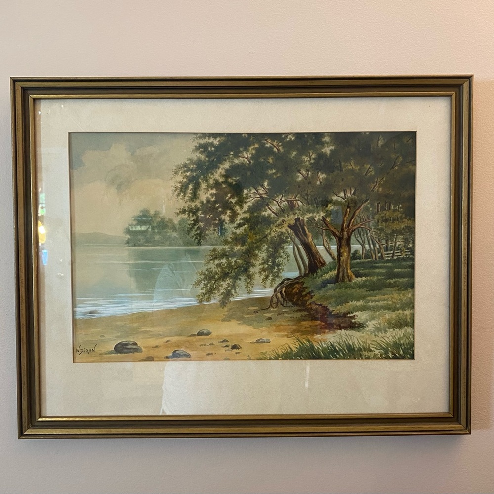 Vintage W Dixon Signed Landscape Watercolor Painting Trees Lake Framed Art